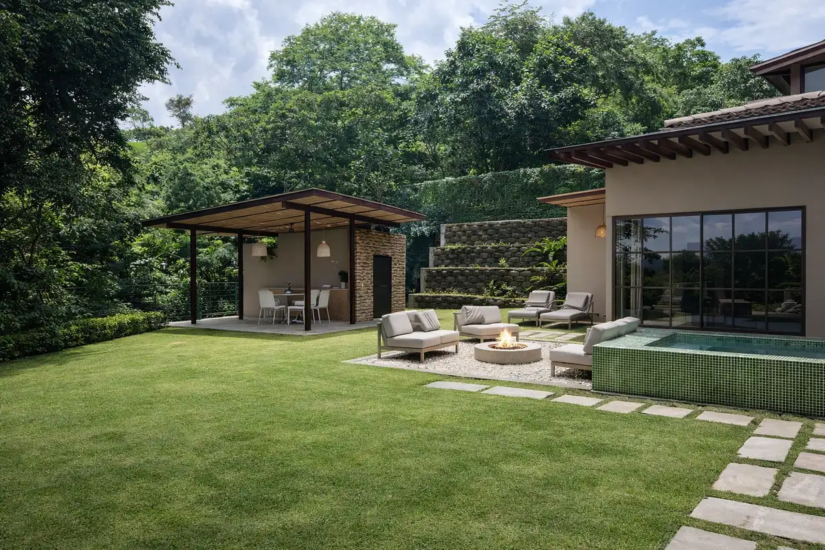 Área exterior Casa CC — terraza cubierta y jardín residencial