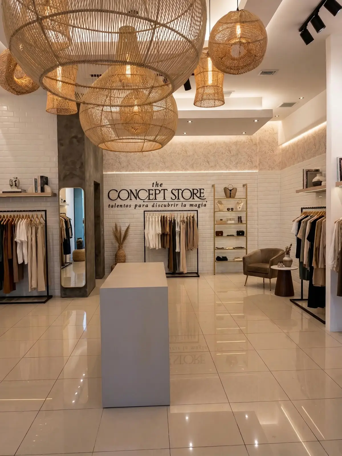 Interior Tienda Santa Ana — boutique con exhibición central e iluminación decorativa